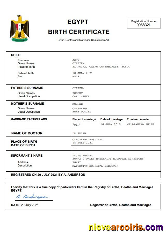 Egypt birth certificate